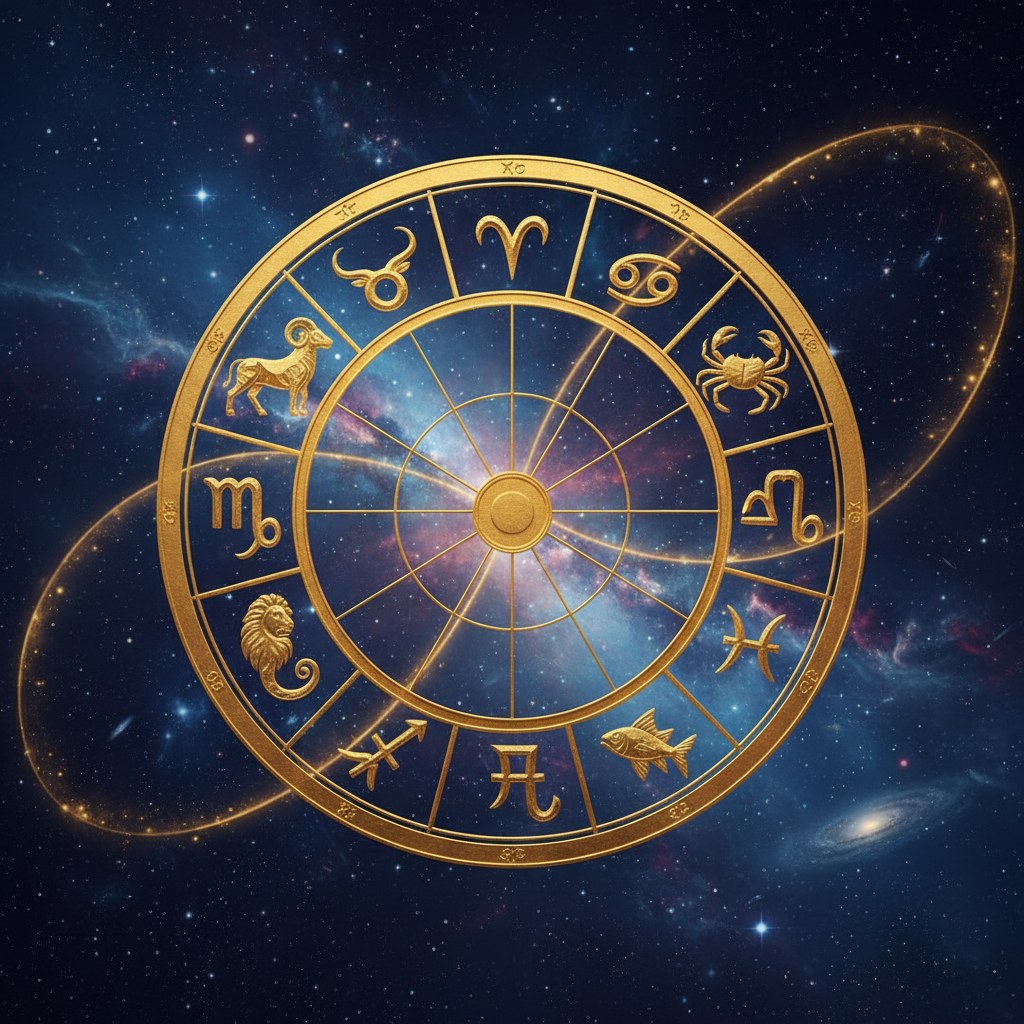 Les 12 signes du zodiaque : roue zodiacale dorée sur un ciel étoilé avec les douze signes