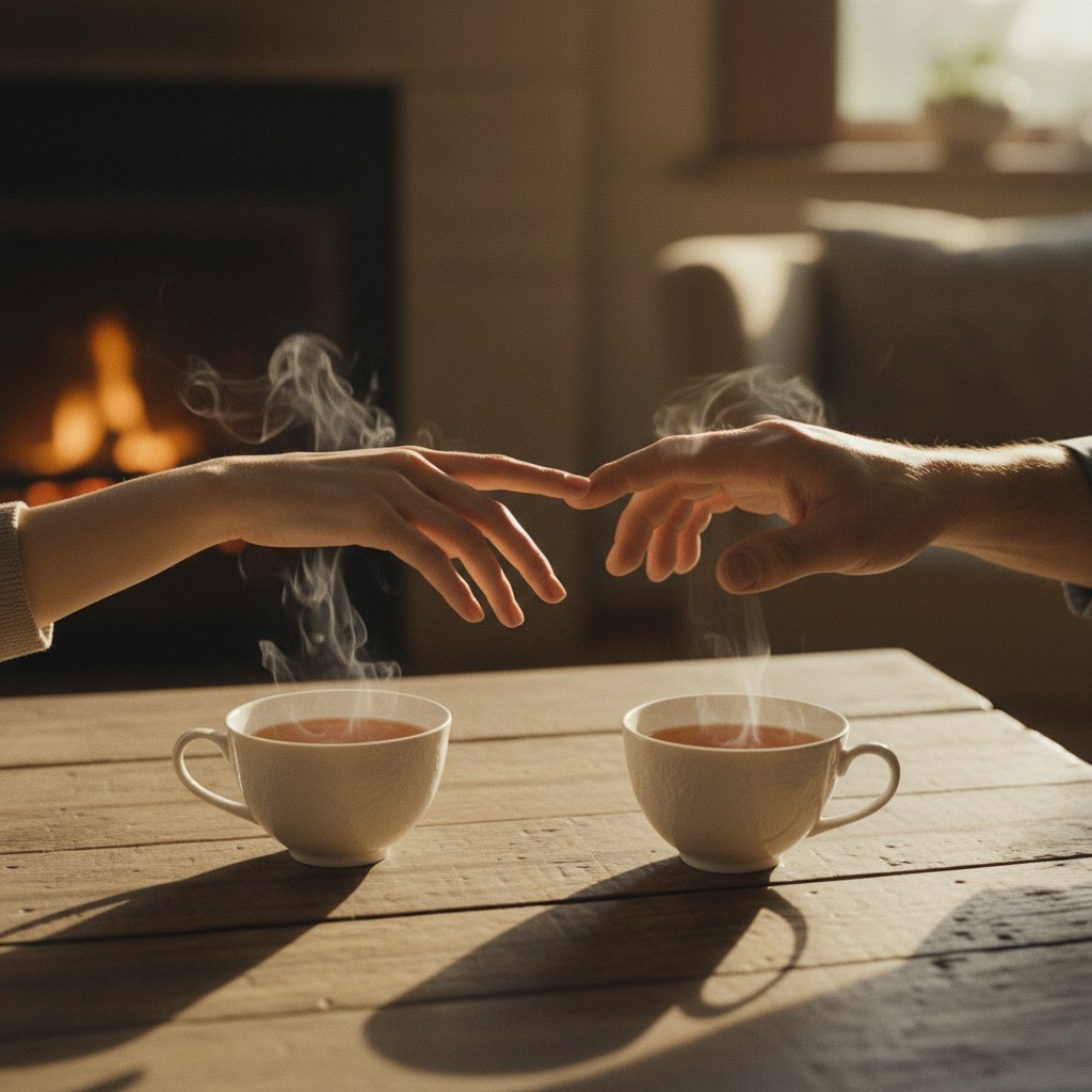 Conflits de couple : deux silhouettes face à face au crépuscule avec un fil de lumière dorée entre elles