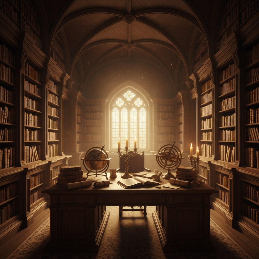 Sciences occultes : bibliothèque ancienne avec livres, astrolabe et chandelier sur un bureau en bois
