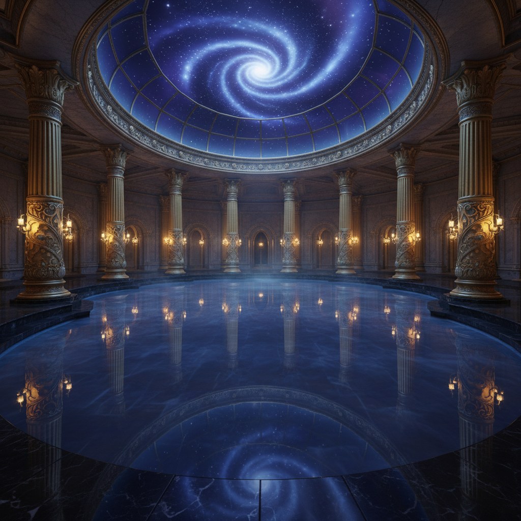 Temple intérieur : colonnes dorées lumineuses et eau calme sous une voûte étoilée