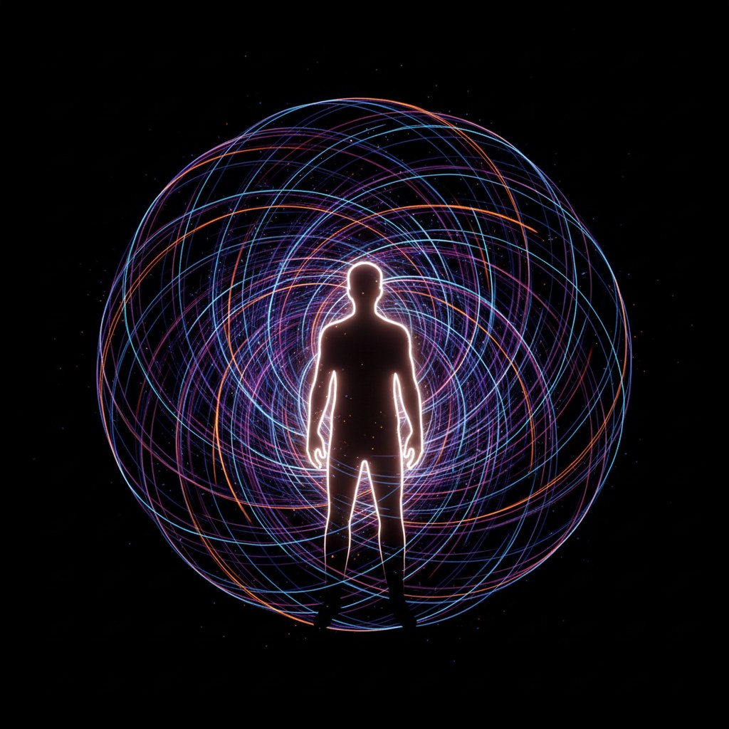 Magnétisme humain : silhouette rayonnante entourée de lignes de champ lumineuses sur fond sombre