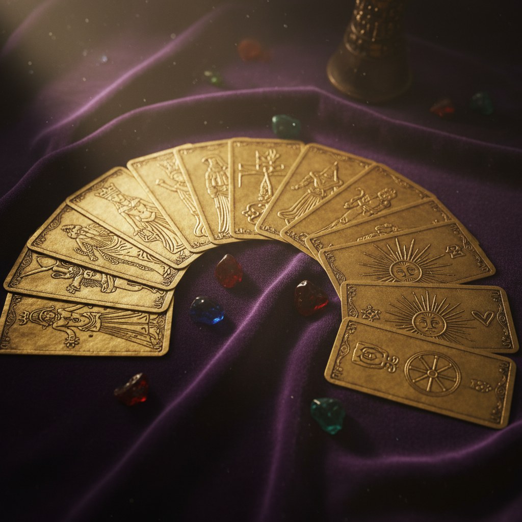 Arcanes majeurs du tarot : cartes anciennes dorées disposées en arc sur du velours sombre
