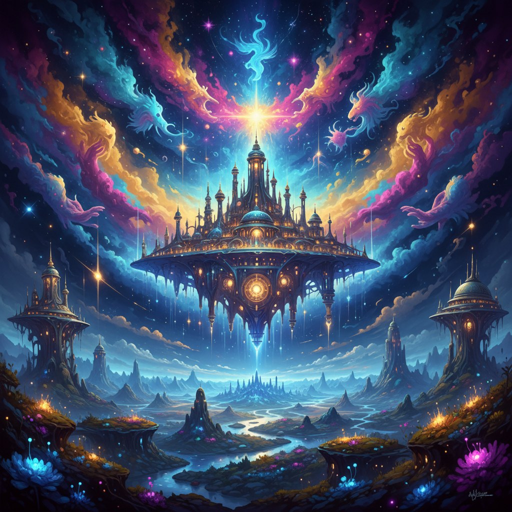 Création intérieure : paysage fantastique avec une cité flottante sous un ciel de nébuleuses
