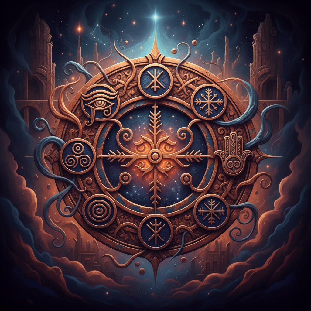 Talisman ancien gravé de symboles, posé sur une étoffe sombre