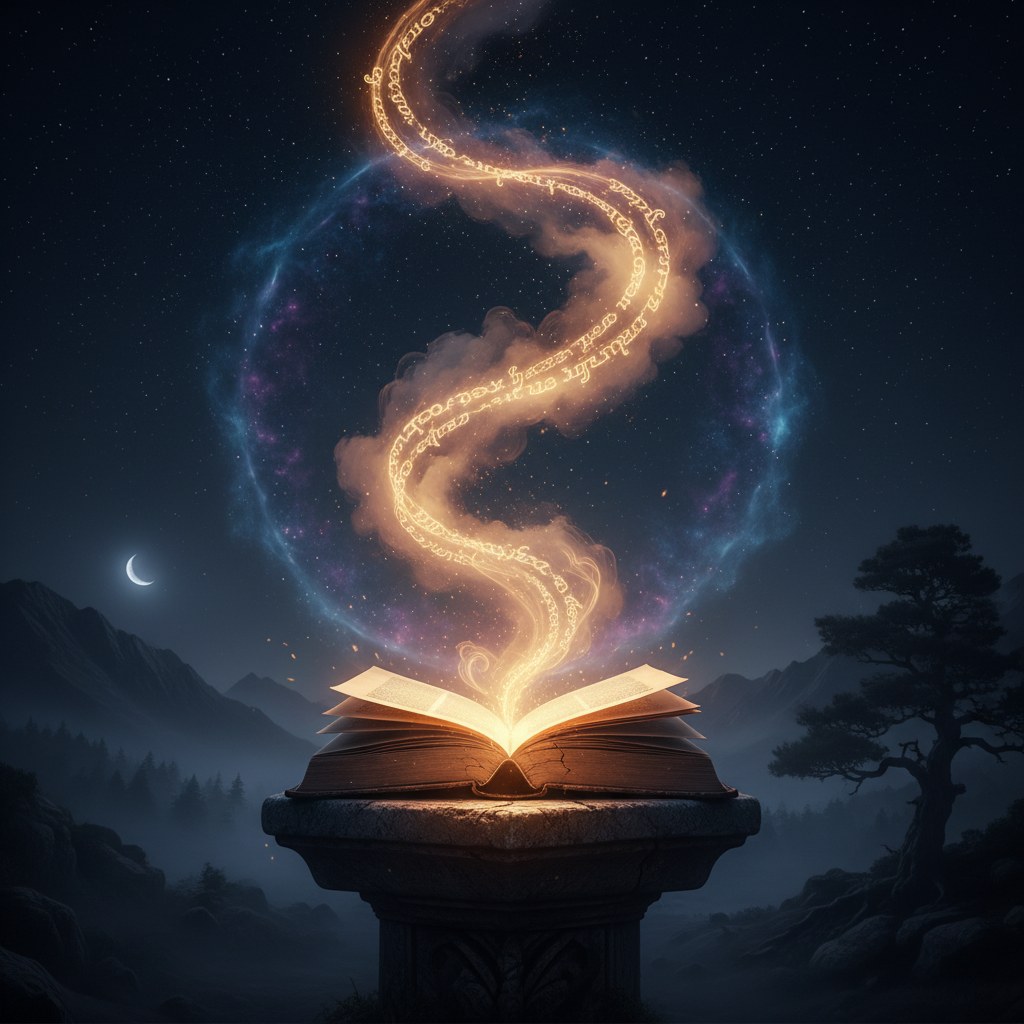Formules magiques : parchemin aux lettres lumineuses dorées flottant au-dessus d'un autel sombre