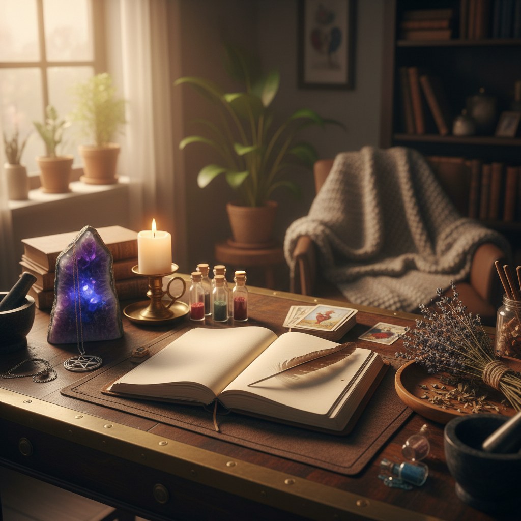 Apprendre la sorcellerie : table d'étude avec livres, herbes séchées, bougie et carnet de notes