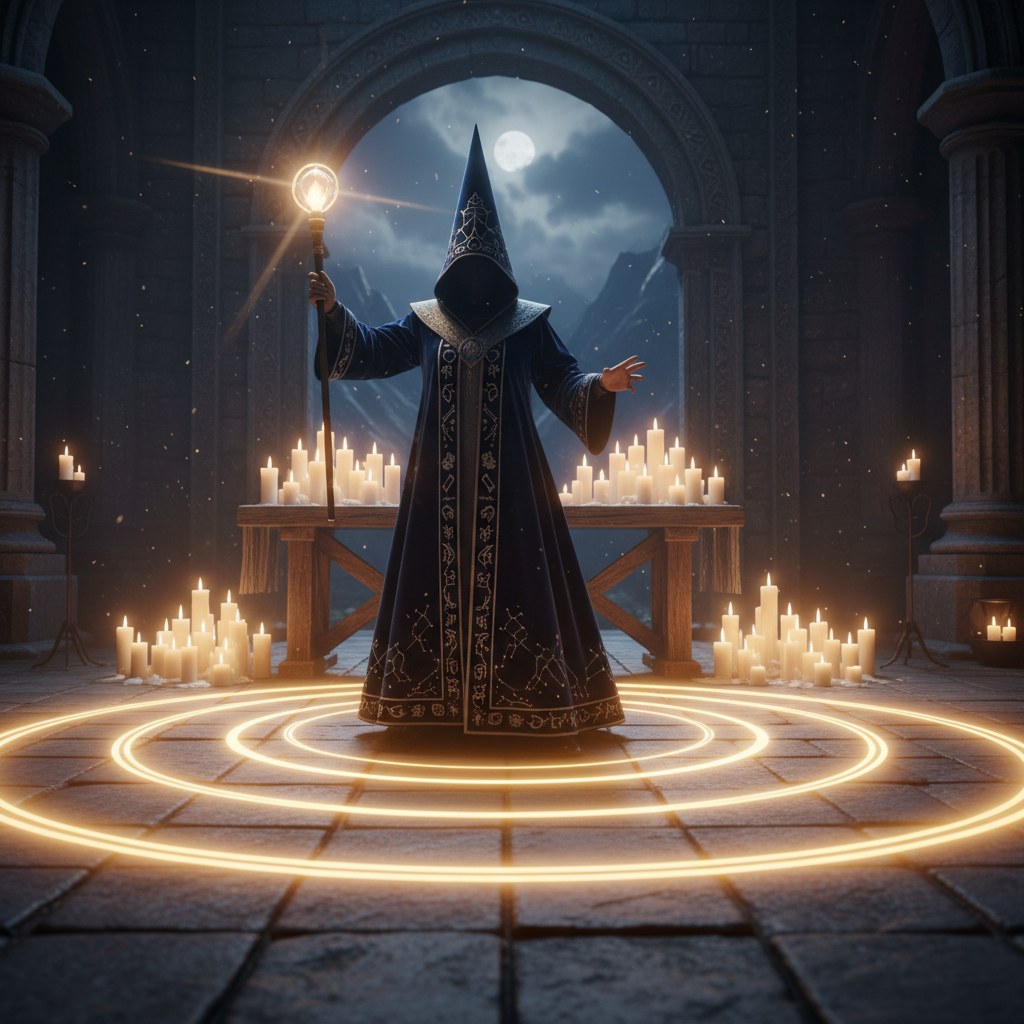 Magie cérémonielle : mage en robe dans un cercle de lumière devant un autel à la lueur de bougies