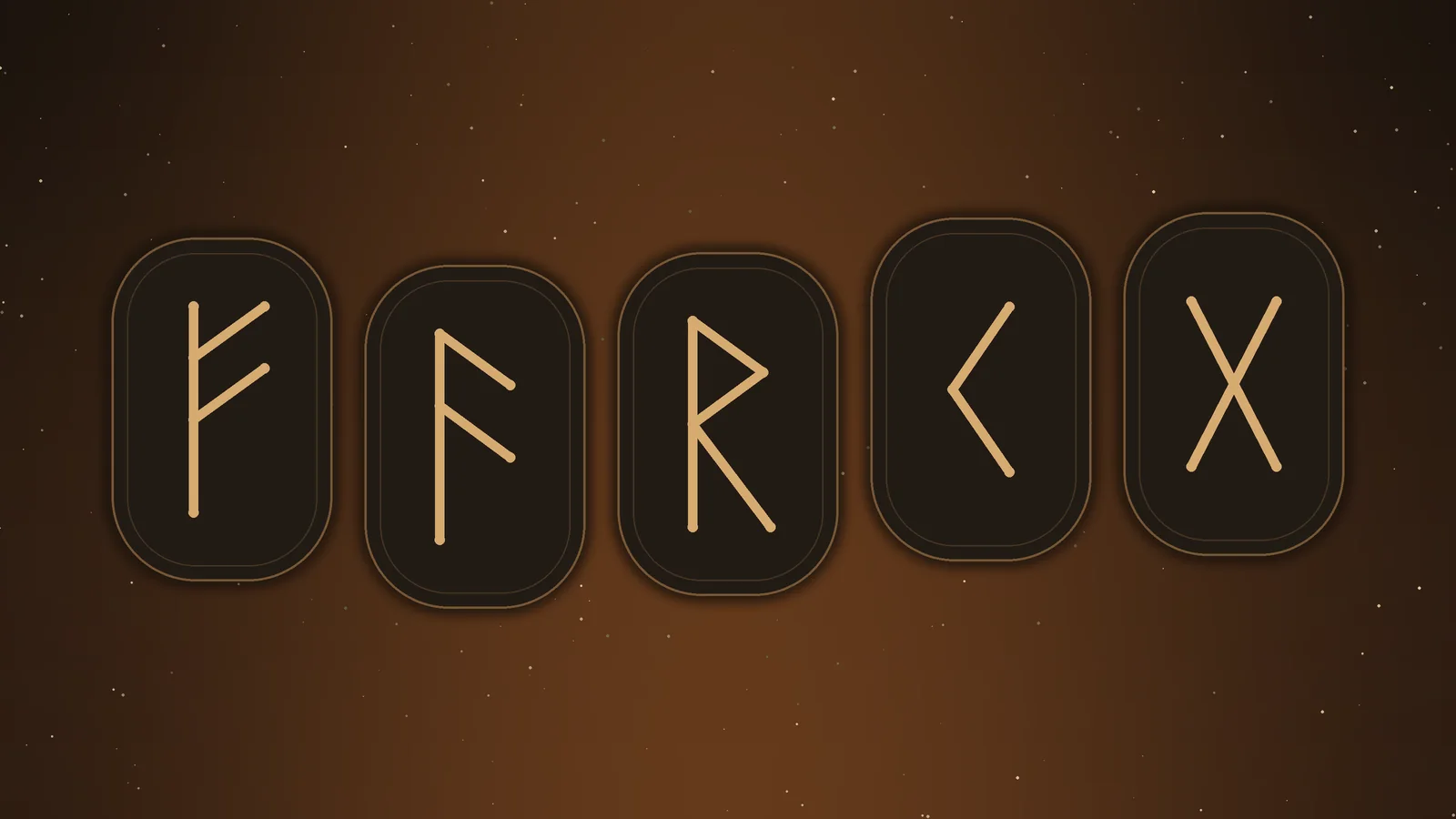 Cinq pierres sombres gravées de runes dorées sur un ciel nocturne
