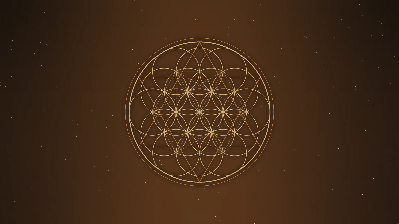 Cercles entrelacés formant une fleur de vie, entourés de triangles dorés